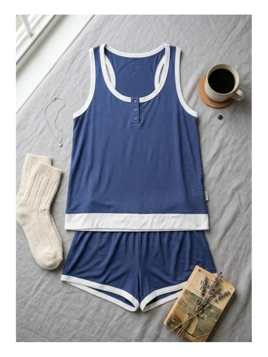 Пижамный комплект с майкой-борцовкой и шортами Yummy Jersey Knit Racerback Tank and Shorts Set — изображение 3 из 4, голубика