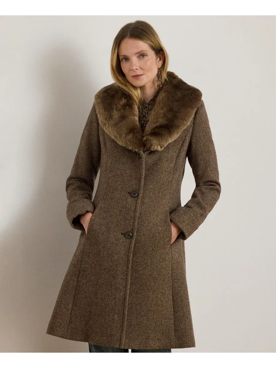Пальто-трапеция с воротником из искусственного меха Lauren Ralph Lauren, Truffle Broken Twill