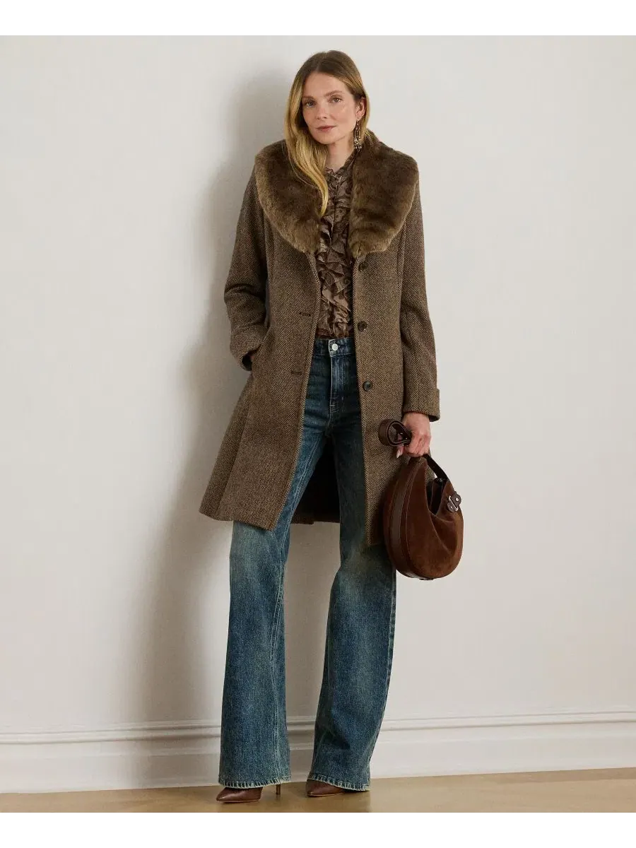 Пальто-трапеция с воротником из искусственного меха Lauren Ralph Lauren, Truffle Broken Twill — изображение 2 из 5
