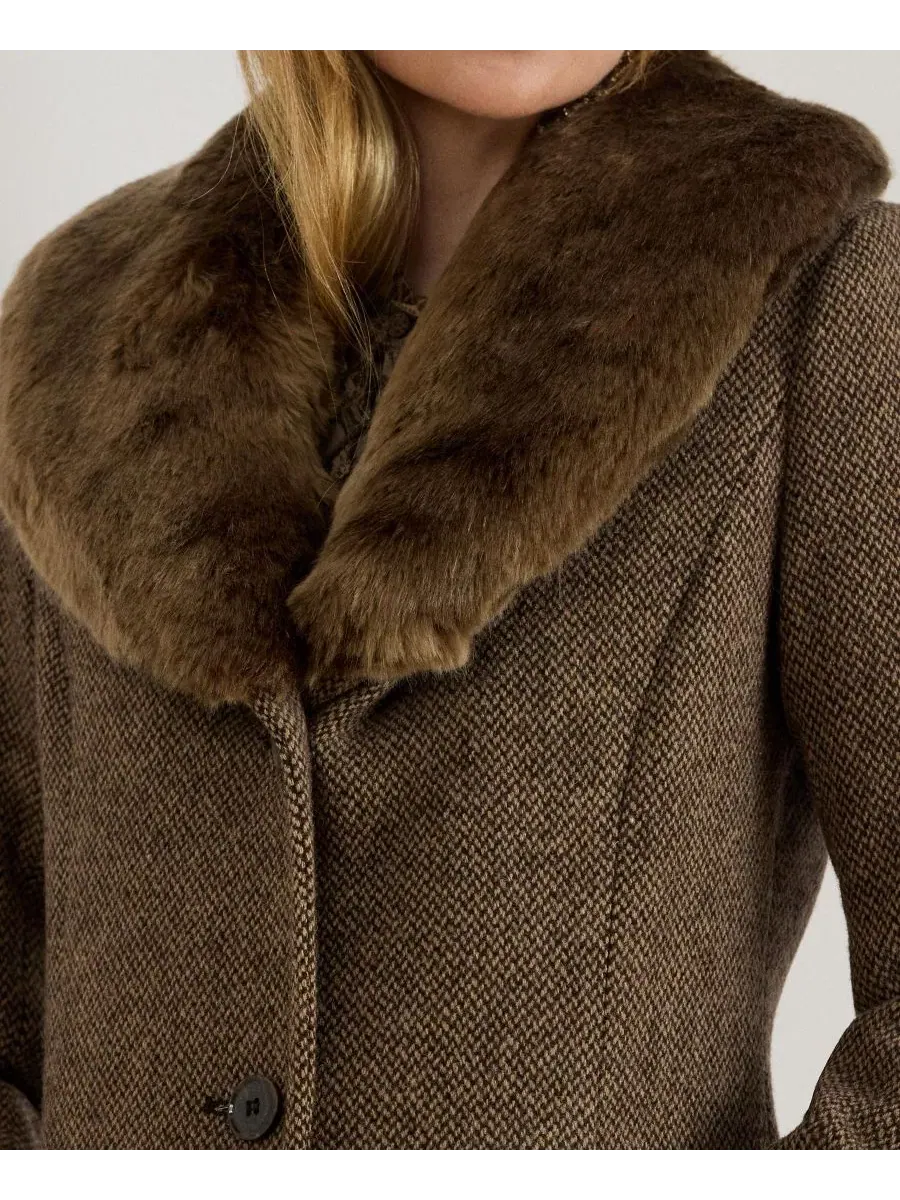 Пальто-трапеция с воротником из искусственного меха Lauren Ralph Lauren, Truffle Broken Twill — изображение 3 из 5