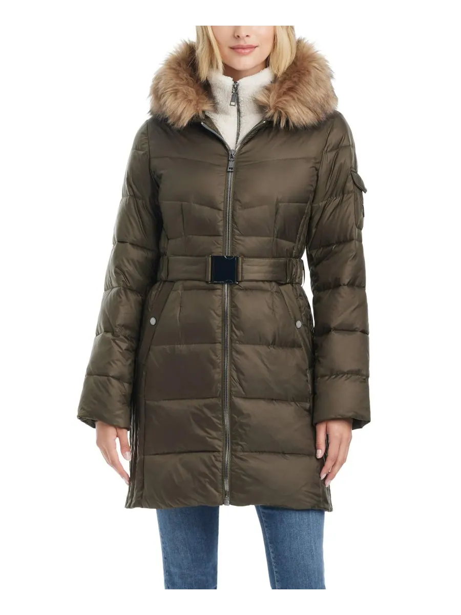 Женское приталенное пуховое пальто средней длины Vince Camuto — изображение 1 из 7, оливковый