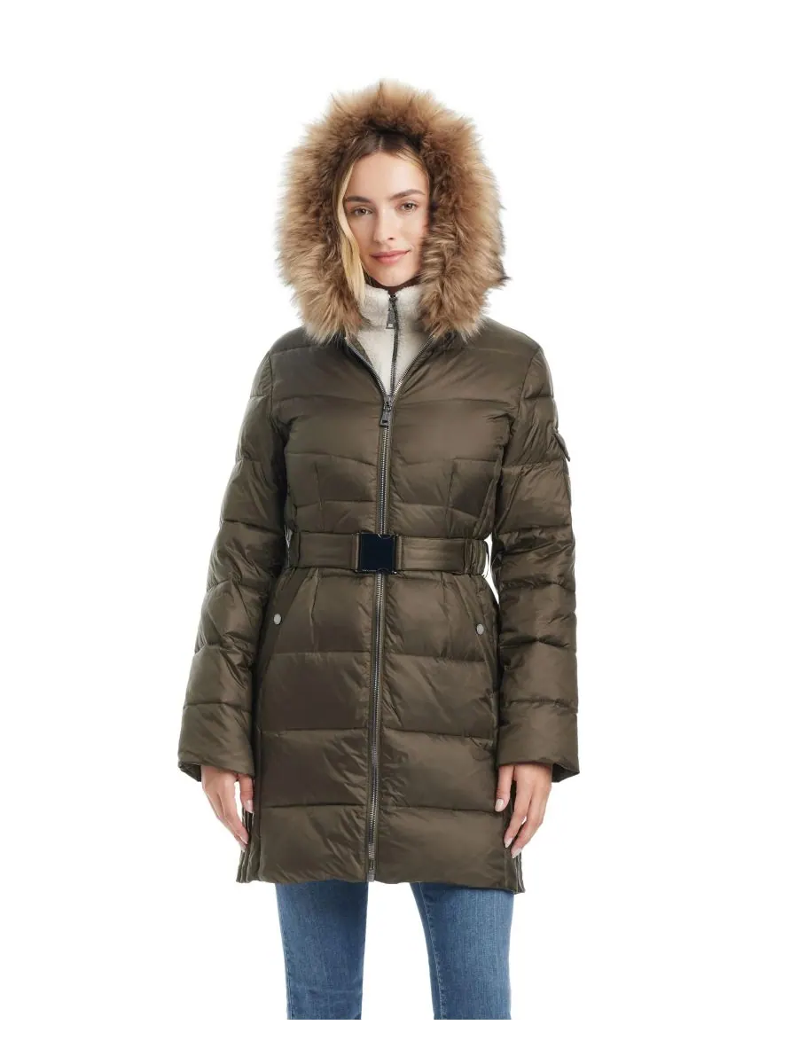 Женское приталенное пуховое пальто средней длины Vince Camuto — изображение 4 из 7, оливковый