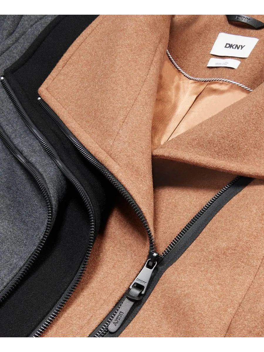 Женское асимметричное пальто с застежкой-молнией спереди и поясом DKNY — изображение 8 из 8, бежевый