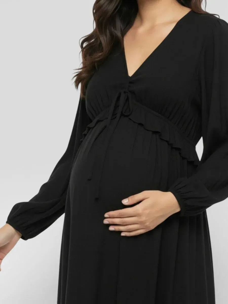 Платье миди с пышными рукавами и оборками - для мам Motherhood Maternity — изображение 4 из 4, черный