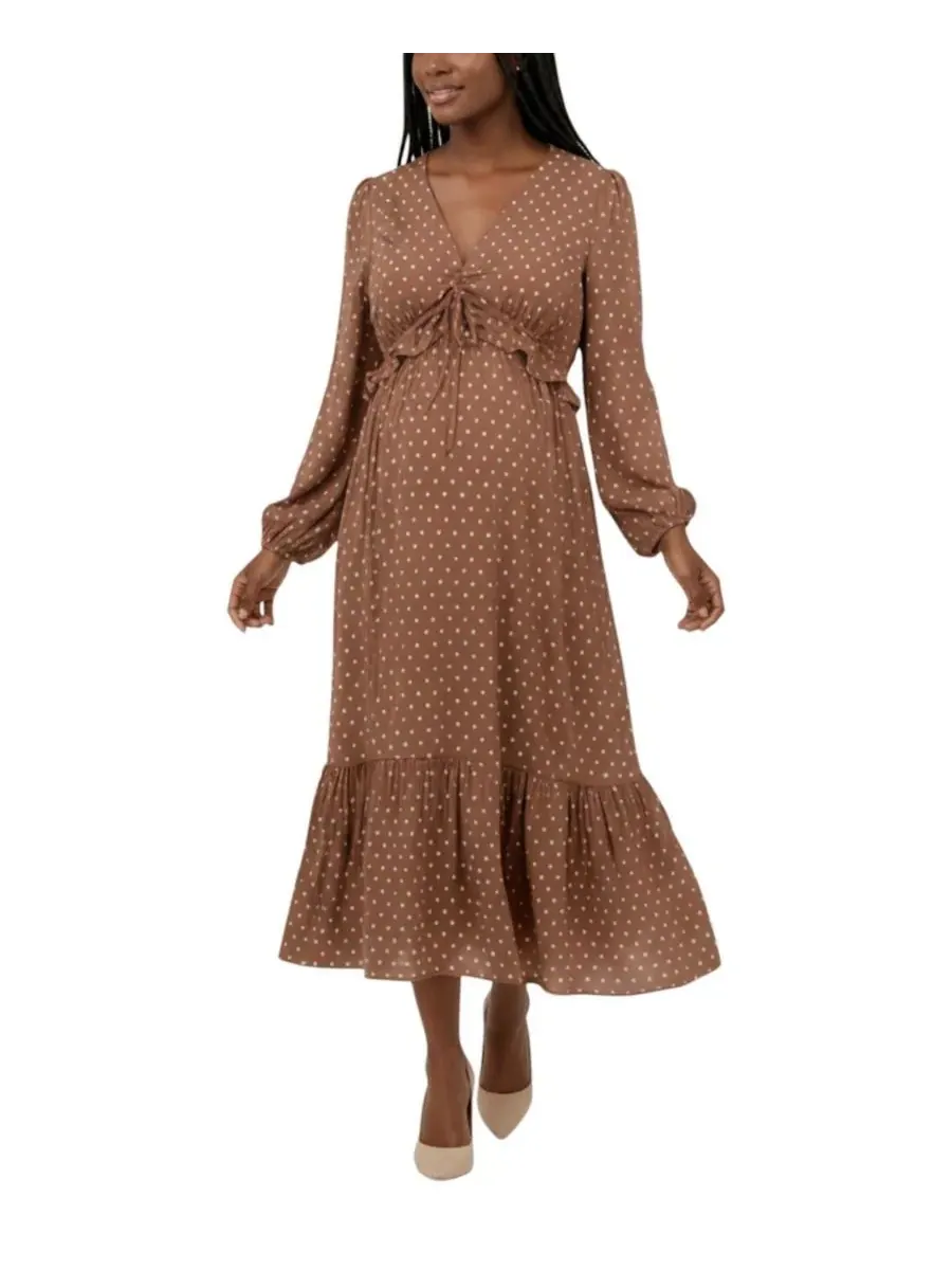 Платье миди с пышными рукавами и оборками - для мам Motherhood Maternity, Mocha Mousse & Vanilla Dot — изображение 1 из 4