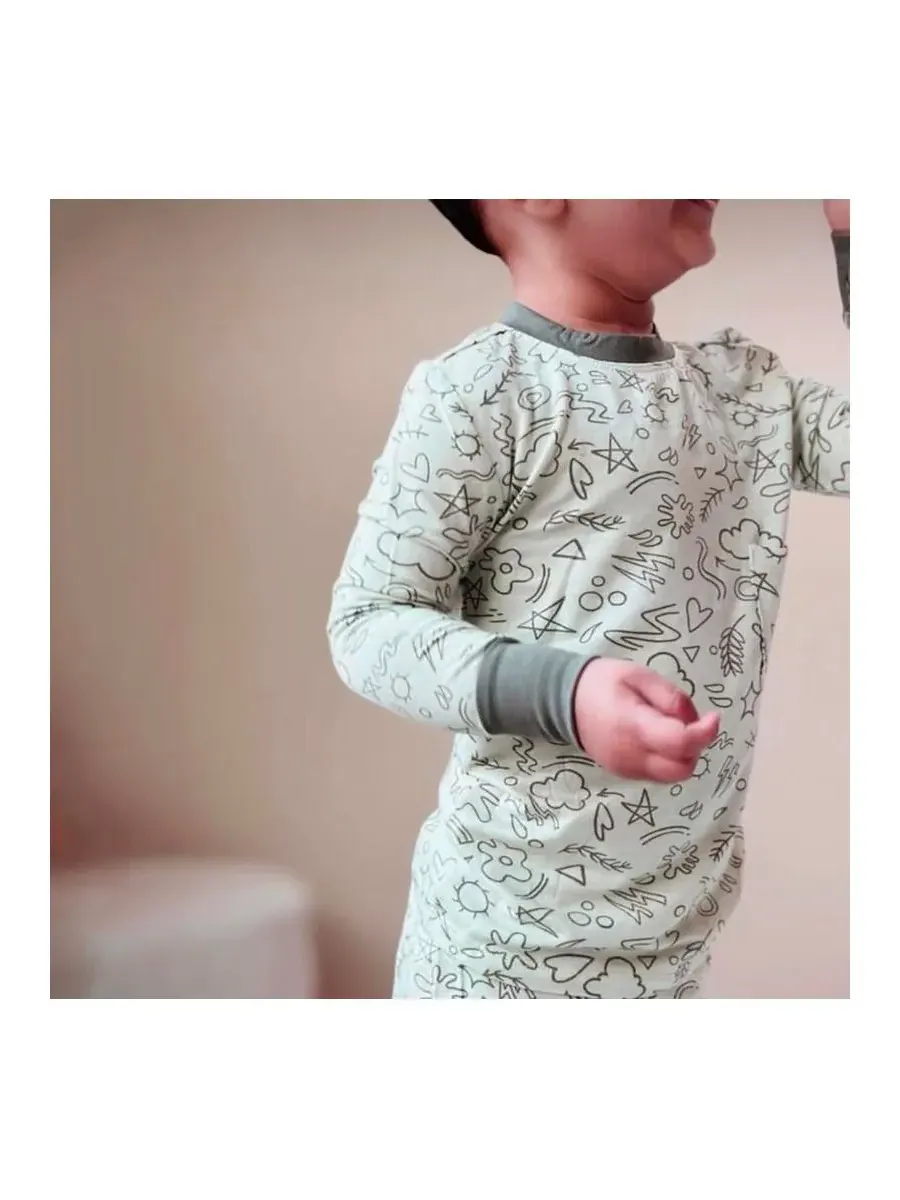 Детская пижама Emerson с длинными рукавами, облегающая, из двух частей Everly Grey, Sage Doodle — изображение 3 из 4