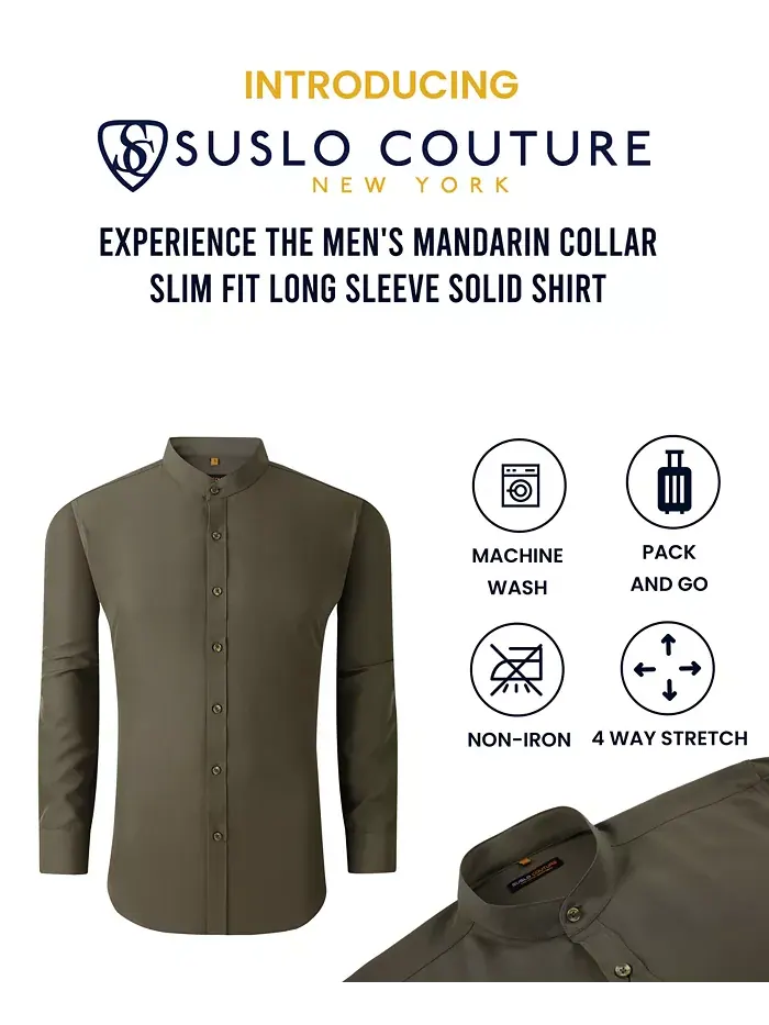 Мужская приталенная однотонная рубашка без воротника на пуговицах Performance Suslo Couture — изображение 4 из 4, красный