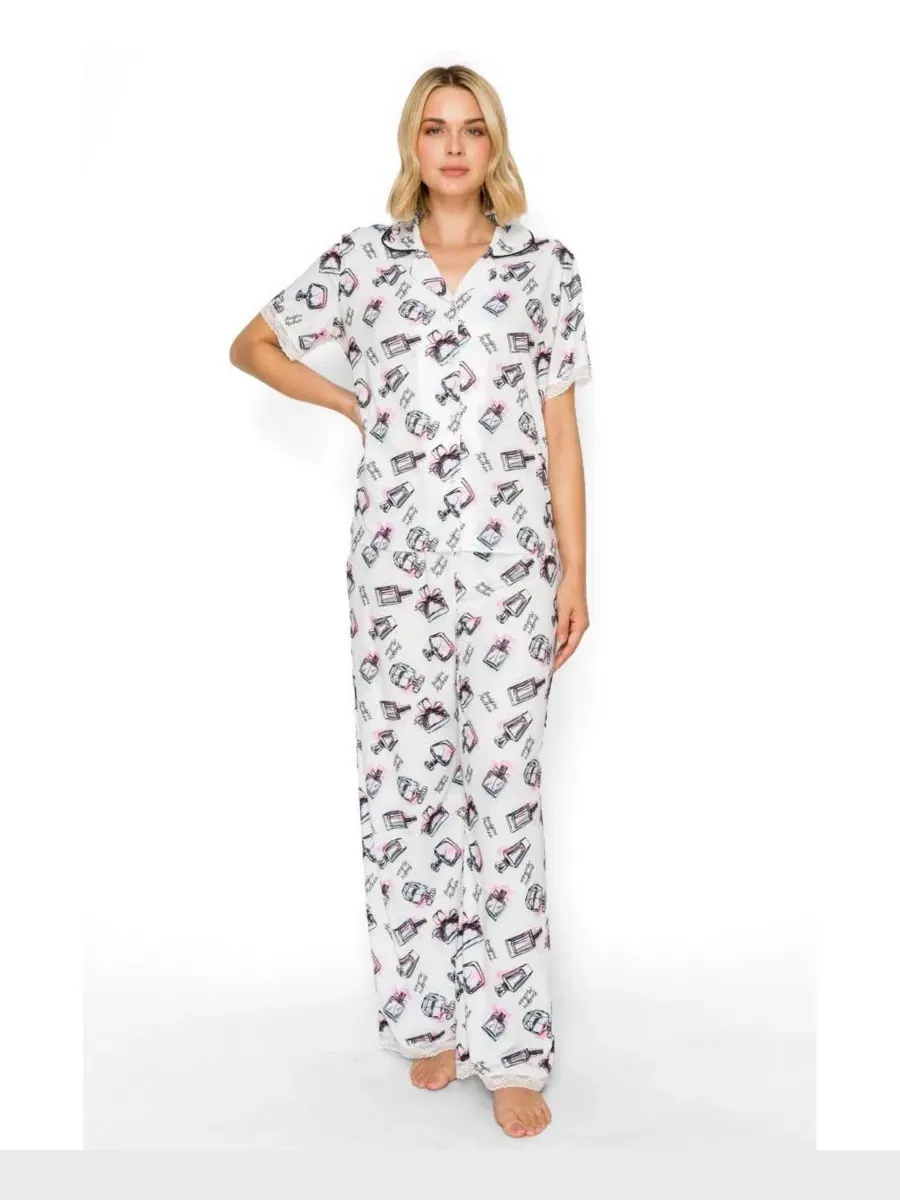 Пижамный комплект с рубашкой и широкими брюками, Yummy Short-Sleeve Button-Up Wide-Leg Top and — изображение 2 из 6, кремовый