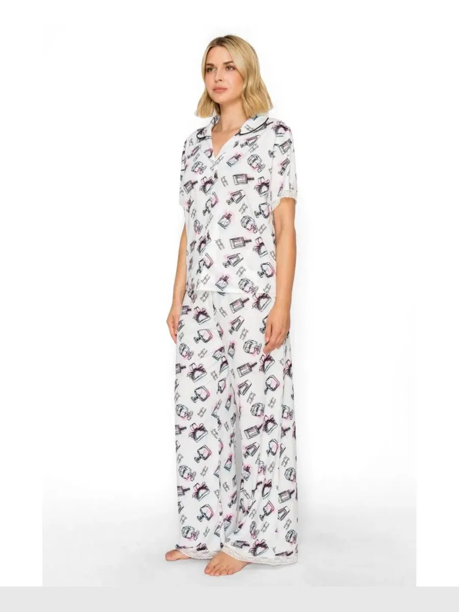 Пижамный комплект с рубашкой и широкими брюками, Yummy Short-Sleeve Button-Up Wide-Leg Top and — изображение 3 из 6, кремовый