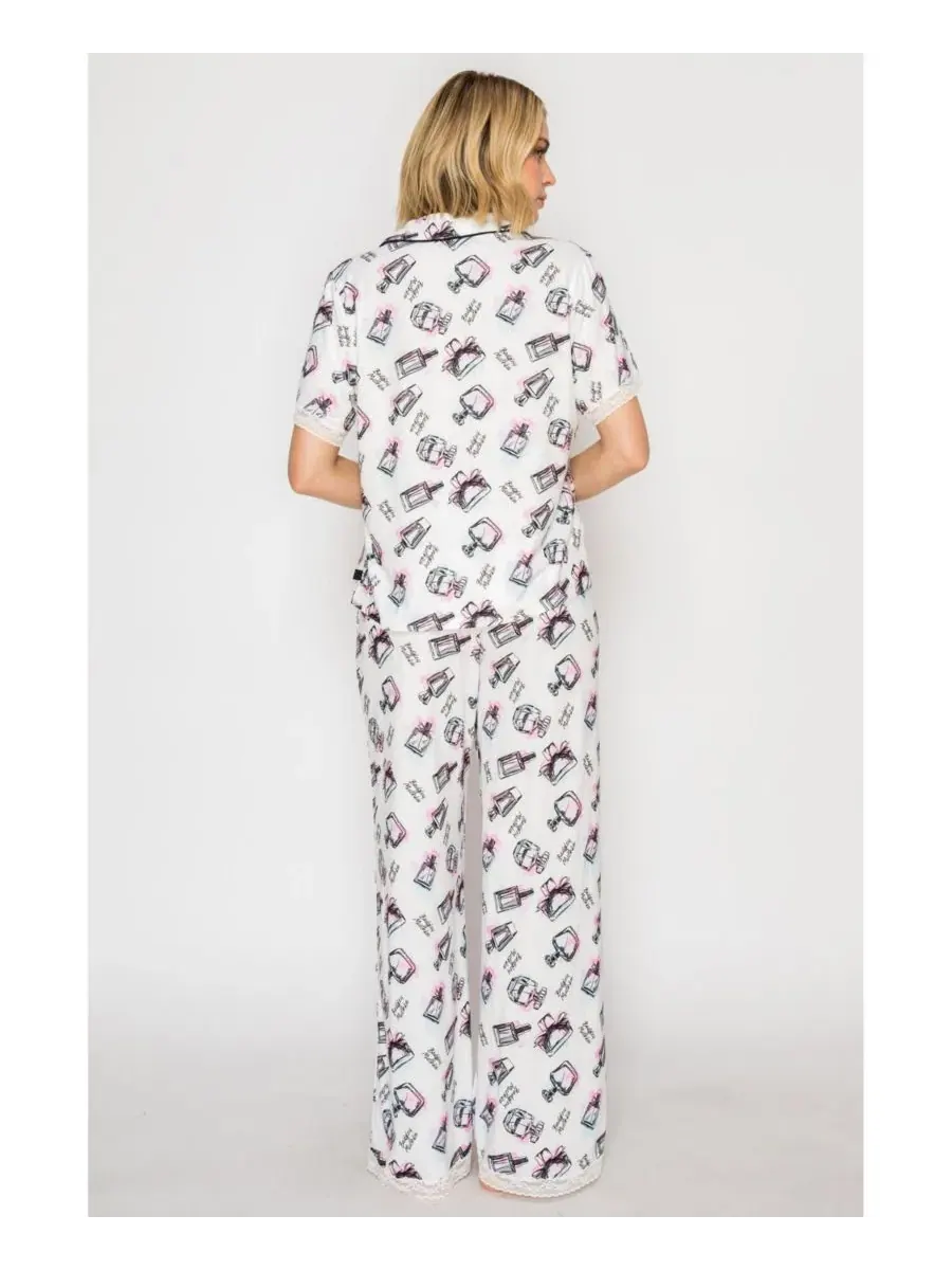 Пижамный комплект с рубашкой и широкими брюками, Yummy Short-Sleeve Button-Up Wide-Leg Top and — изображение 4 из 6, кремовый