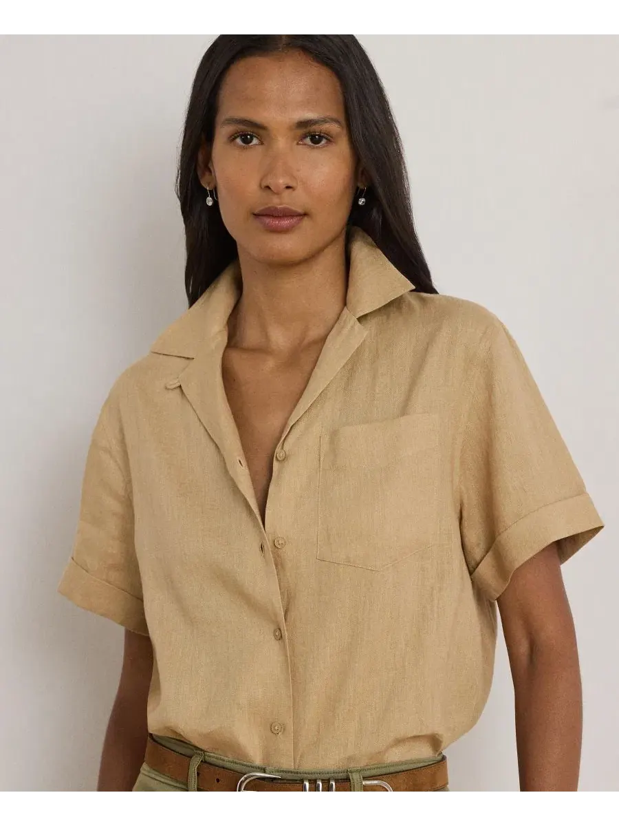 Женская рубашка из льна с коротким рукавом Lauren Ralph Lauren — изображение 4 из 6, бежевый