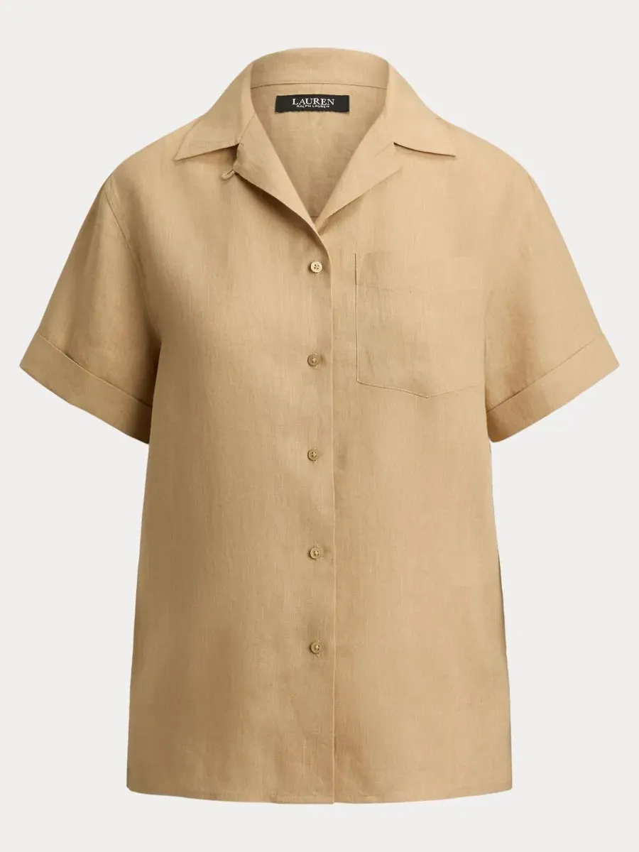 Женская рубашка из льна с коротким рукавом Lauren Ralph Lauren — изображение 6 из 6, бежевый