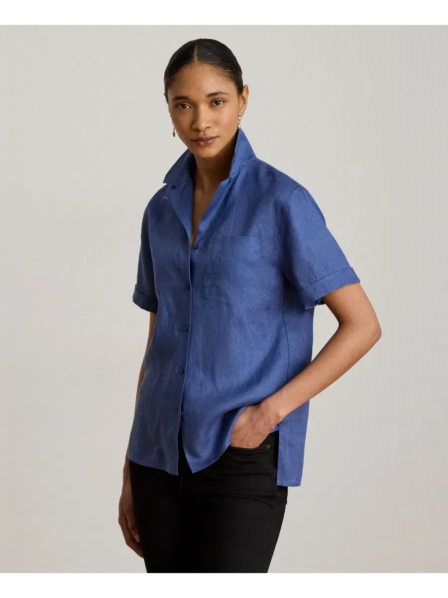 Льняная рубашка с коротким рукавом, модель Camp Shirt Lauren Ralph Lauren