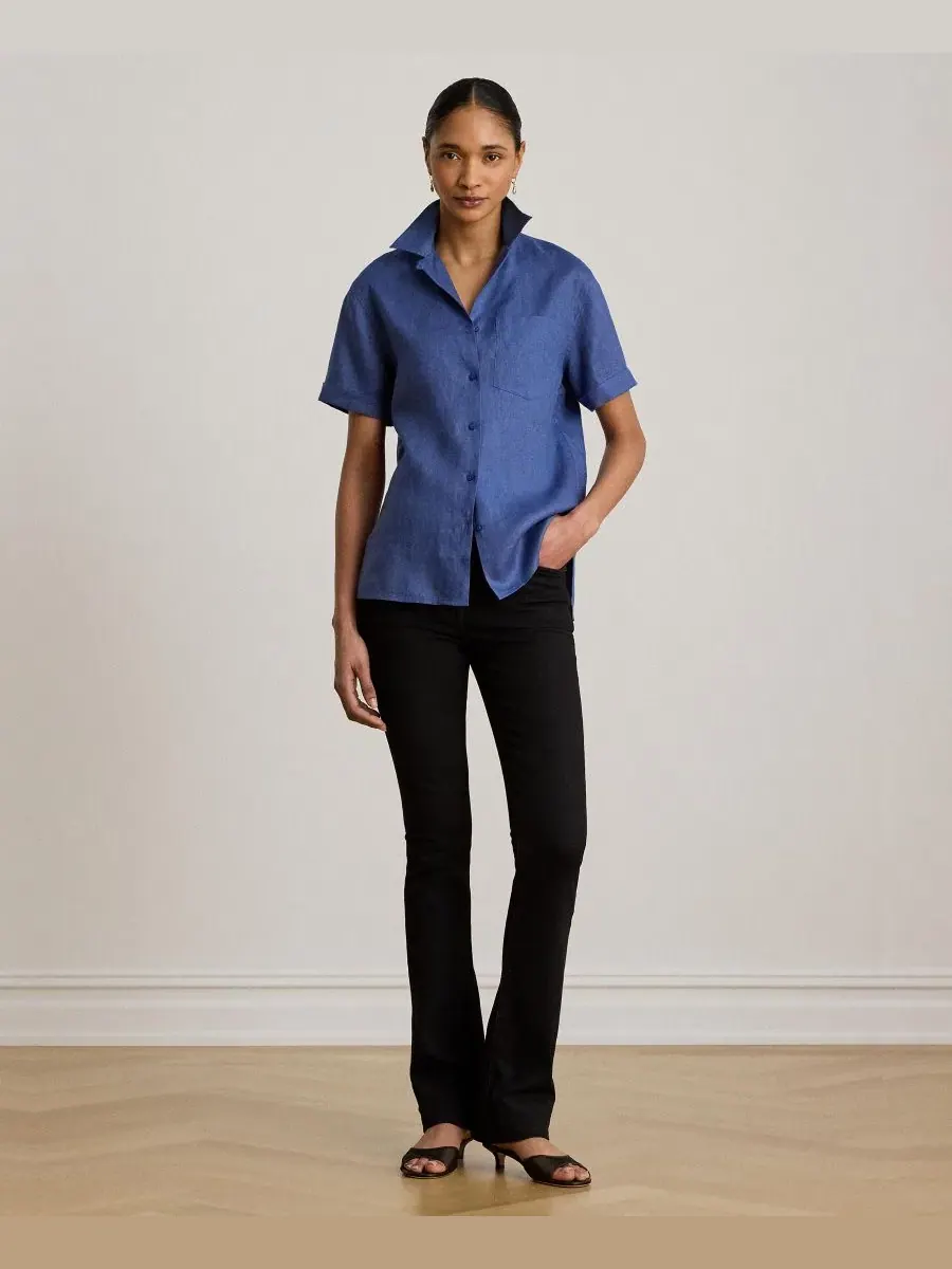 Льняная рубашка с коротким рукавом, модель Camp Shirt Lauren Ralph Lauren — изображение 2 из 6, синий