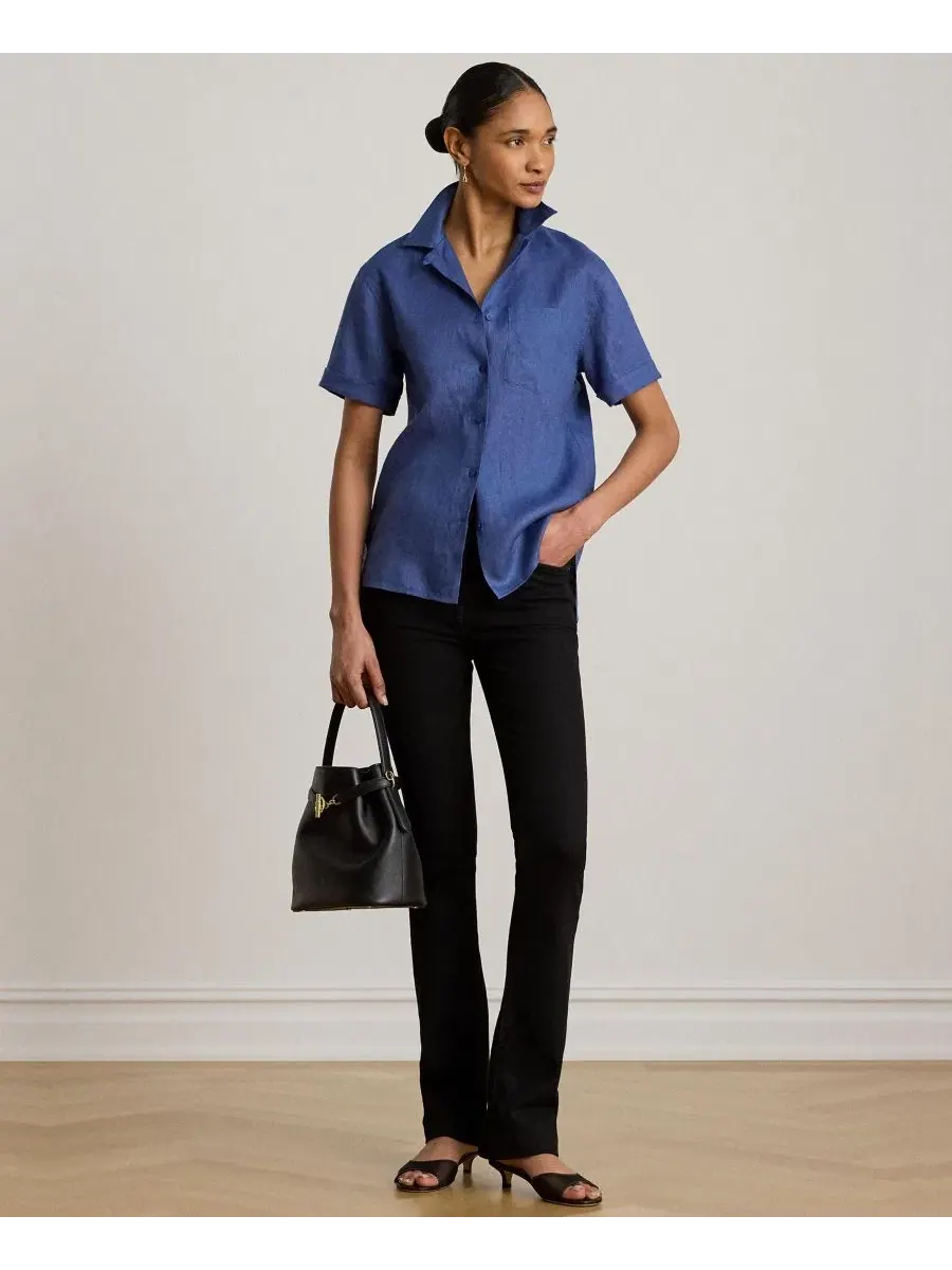 Льняная рубашка с коротким рукавом, модель Camp Shirt Lauren Ralph Lauren — изображение 3 из 6, синий