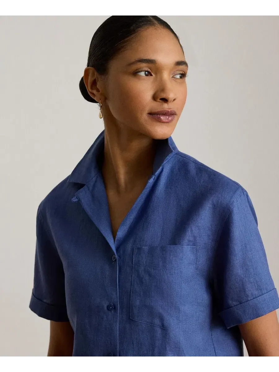 Льняная рубашка с коротким рукавом, модель Camp Shirt Lauren Ralph Lauren — изображение 4 из 6, синий