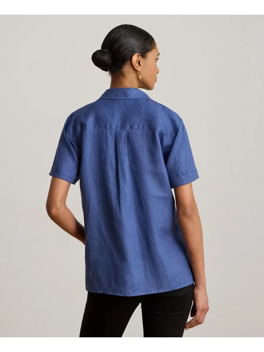 Льняная рубашка с коротким рукавом, модель Camp Shirt Lauren Ralph Lauren — изображение 5 из 6, синий