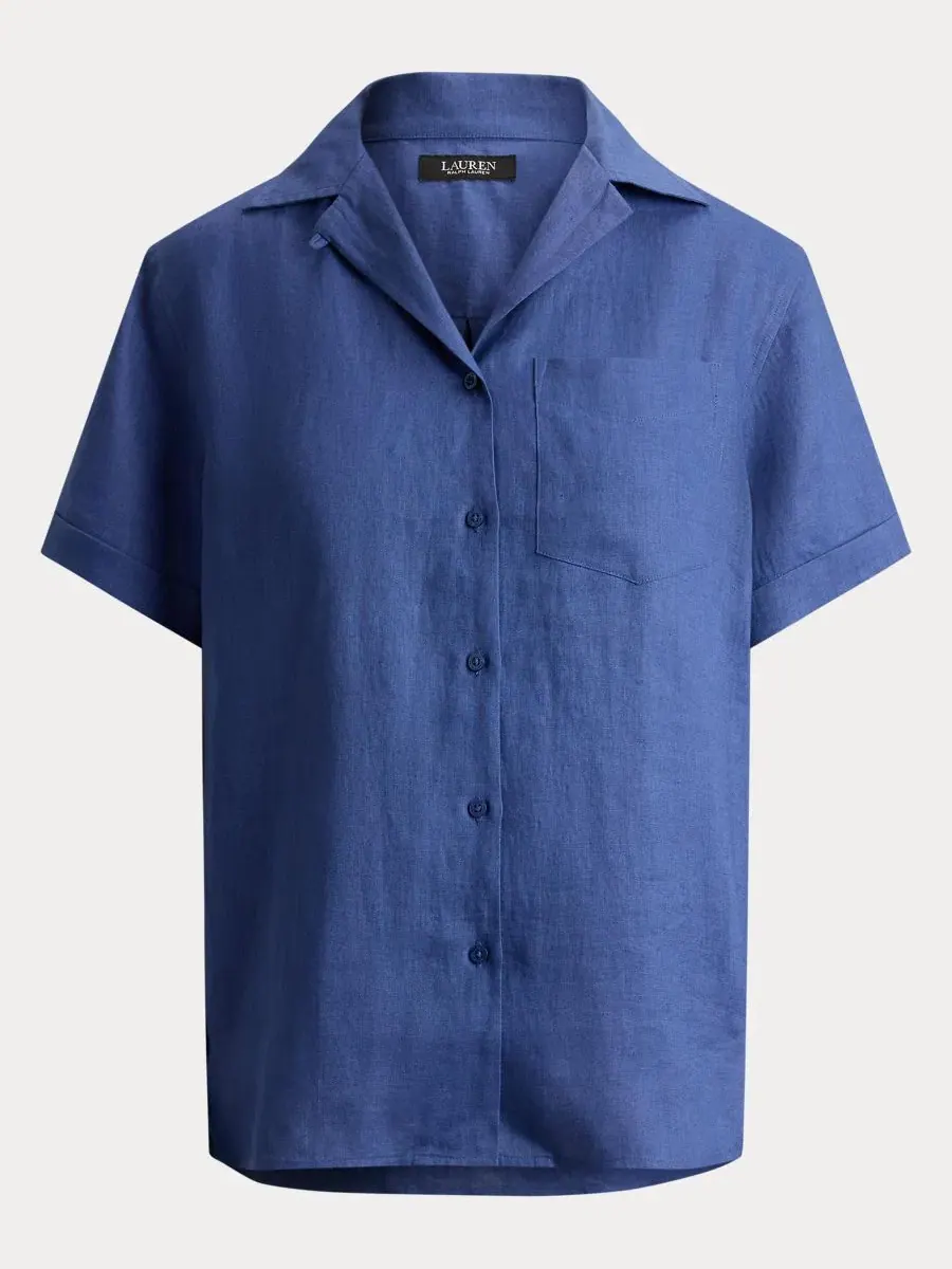 Льняная рубашка с коротким рукавом, модель Camp Shirt Lauren Ralph Lauren — изображение 6 из 6, синий