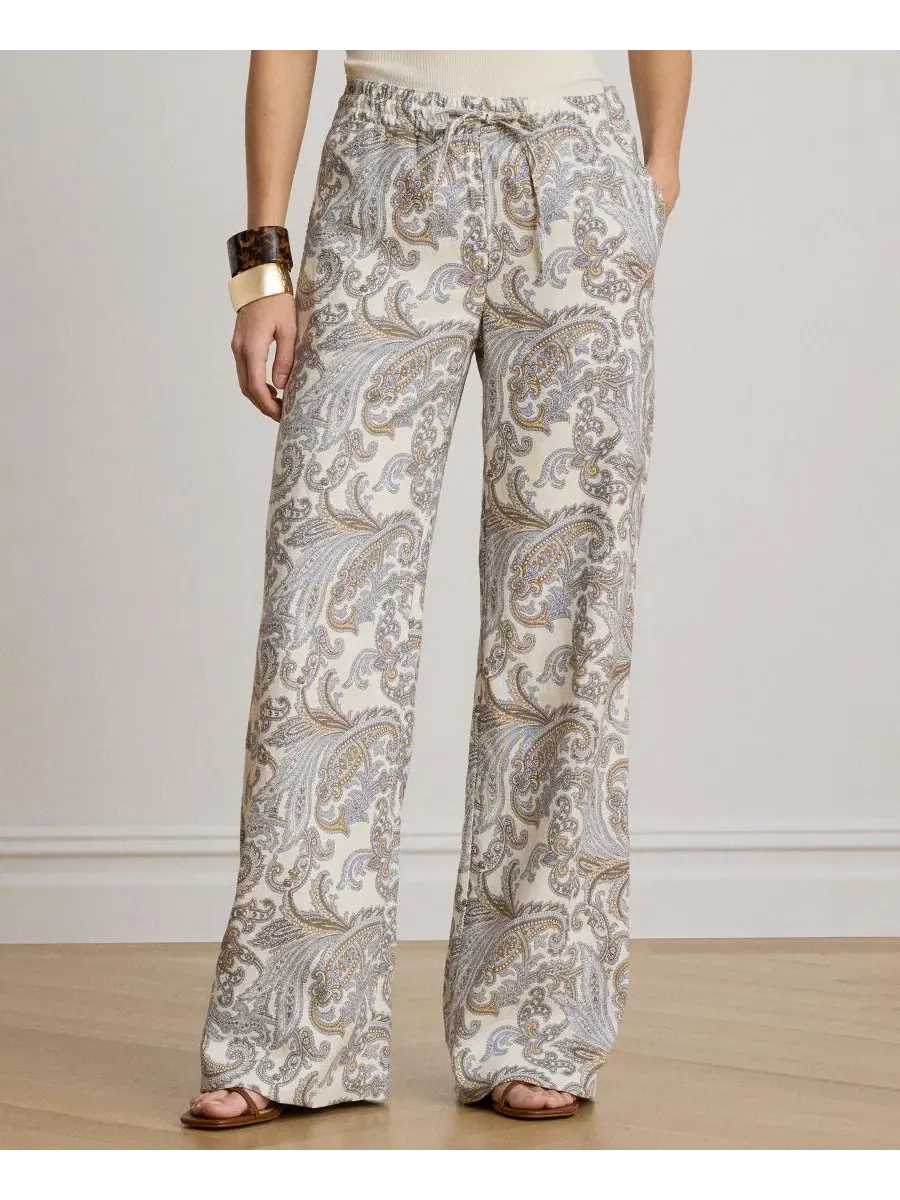 Широкие брюки из льна с принтом Mid-Rise Wide-Leg Lauren Ralph Lauren