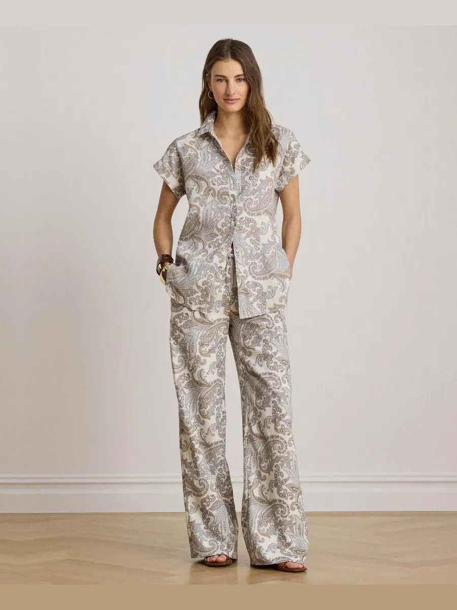 Широкие брюки из льна с принтом Mid-Rise Wide-Leg Lauren Ralph Lauren — изображение 2 из 5, кремовый мульти