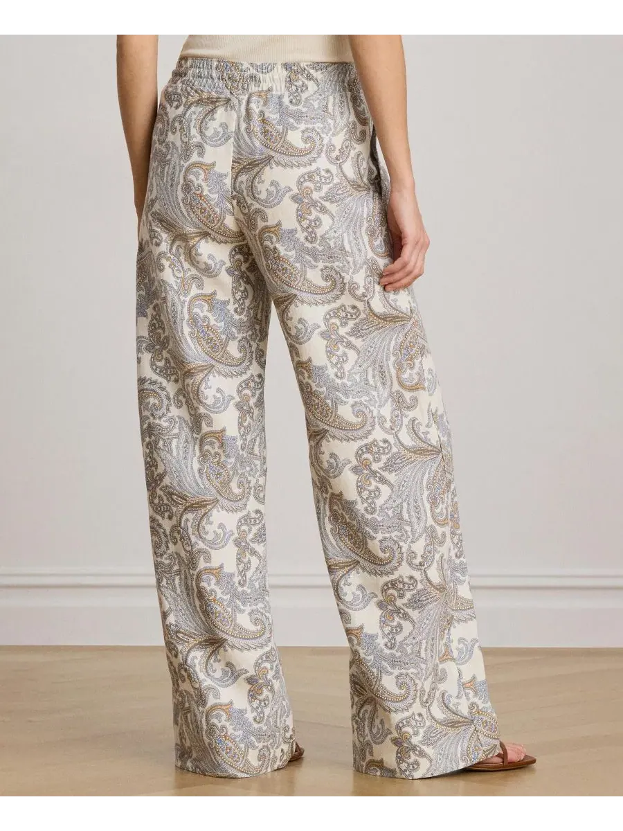 Широкие брюки из льна с принтом Mid-Rise Wide-Leg Lauren Ralph Lauren — изображение 4 из 5, кремовый мульти