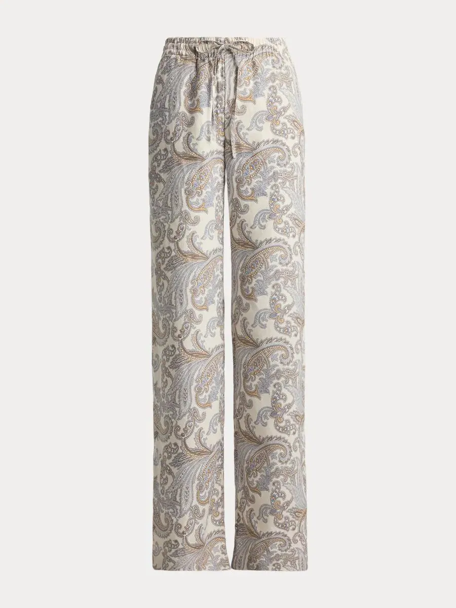 Широкие брюки из льна с принтом Mid-Rise Wide-Leg Lauren Ralph Lauren — изображение 5 из 5, кремовый мульти