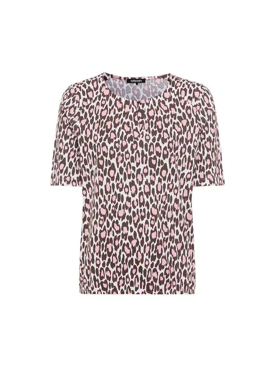 Футболка женская с принтом Leopard Print Split Neck Olsen — изображение 3 из 5, коричневый