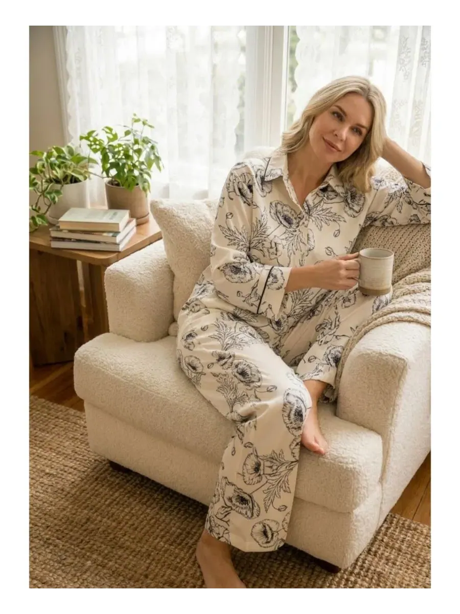 Комплект пижамы из сатина с длинным рукавом и принтом Badgley Mischka — изображение 5 из 5, слоновая кость/черный