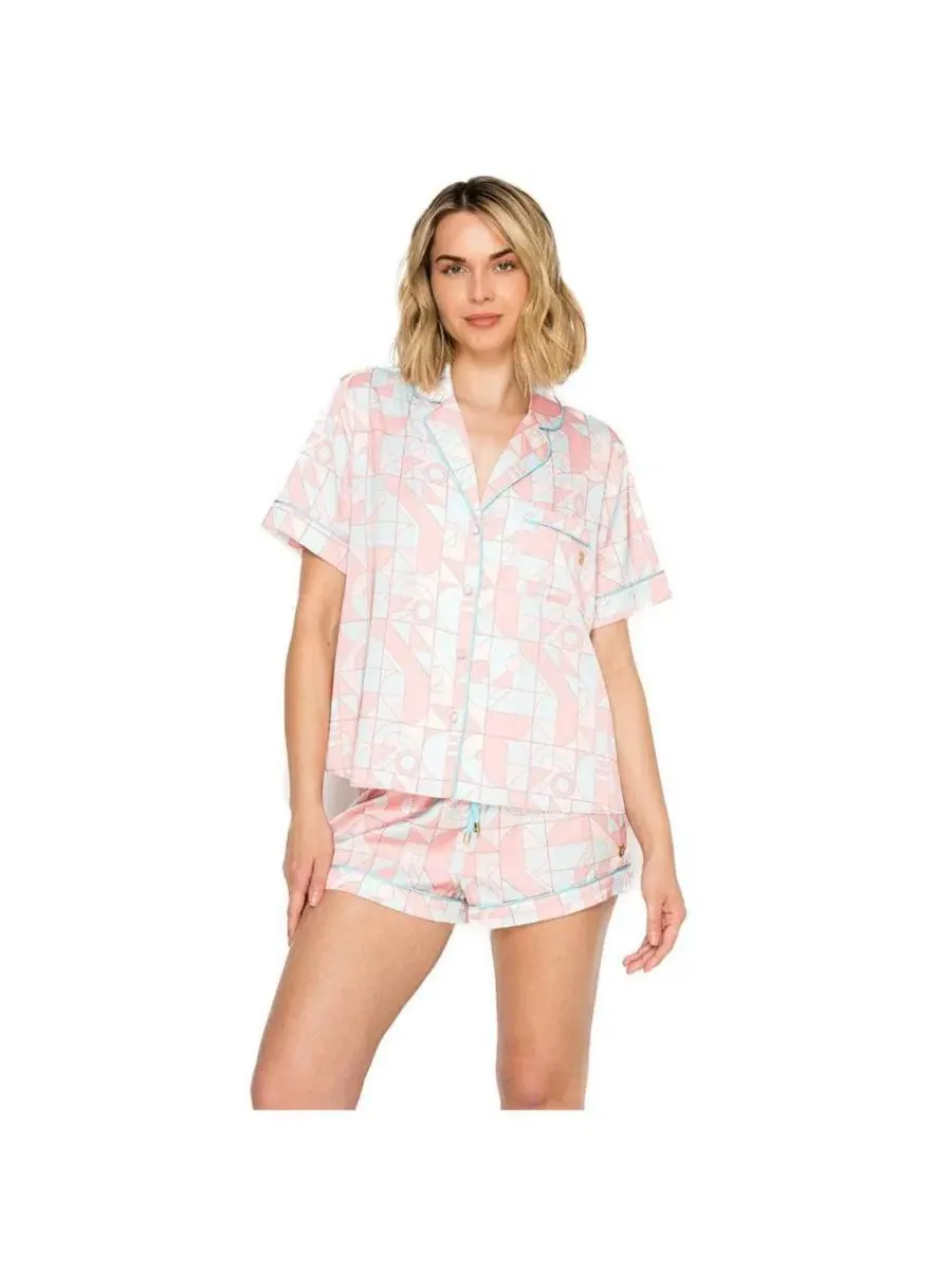 Комплект пижамы из сатина с воротником-стойкой и шортами, модель Piped Short Badgley Mischka — изображение 1 из 5, синий