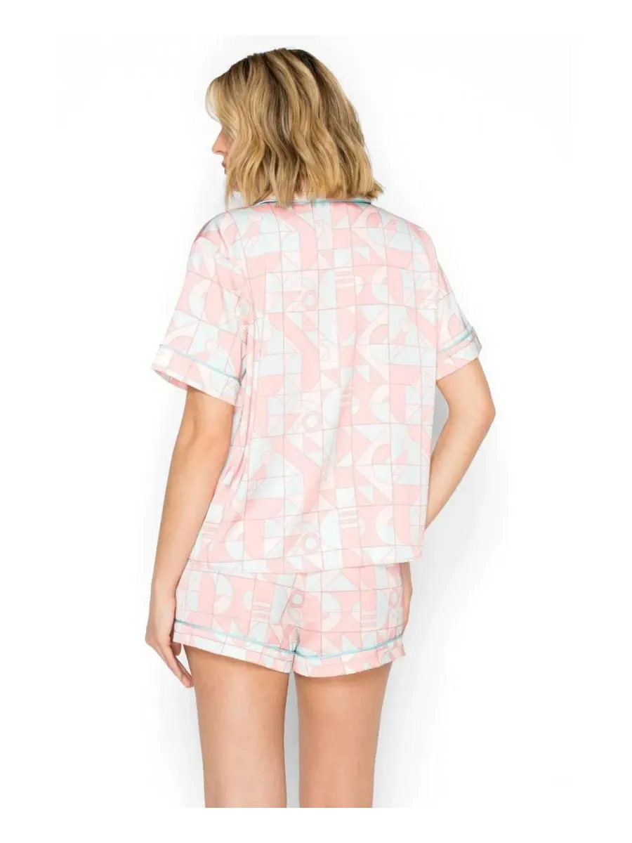 Комплект пижамы из сатина с воротником-стойкой и шортами, модель Piped Short Badgley Mischka — изображение 3 из 5, синий