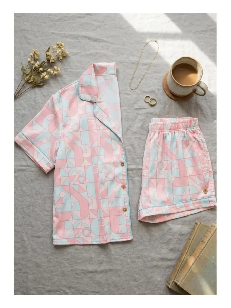 Комплект пижамы из сатина с воротником-стойкой и шортами, модель Piped Short Badgley Mischka — изображение 4 из 5, синий