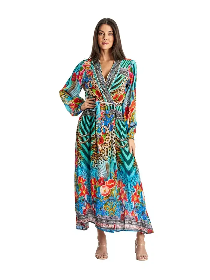 Женское платье-накидка макси с поясом La Moda Clothing — синий