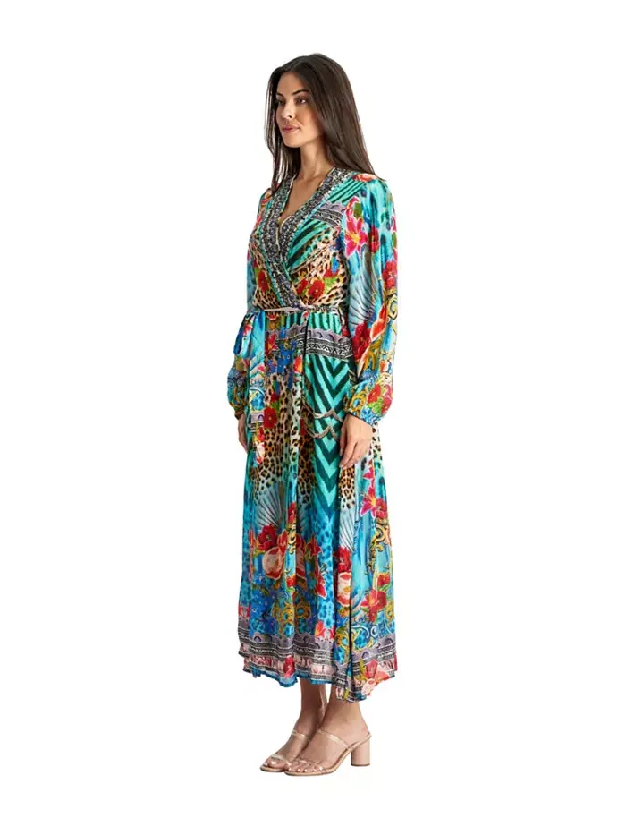 Женское платье-накидка макси с поясом La Moda Clothing — изображение 2 из 3, синий