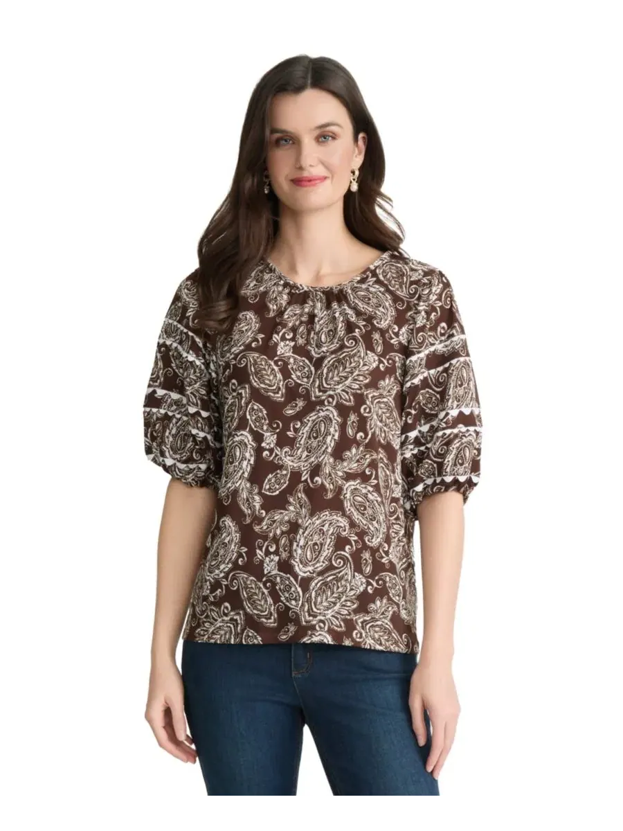 Топ с принтом и отделкой рик-рак, 3/4 рукав, модель Petite Printed Crewneck Top Jones New York — коричневый