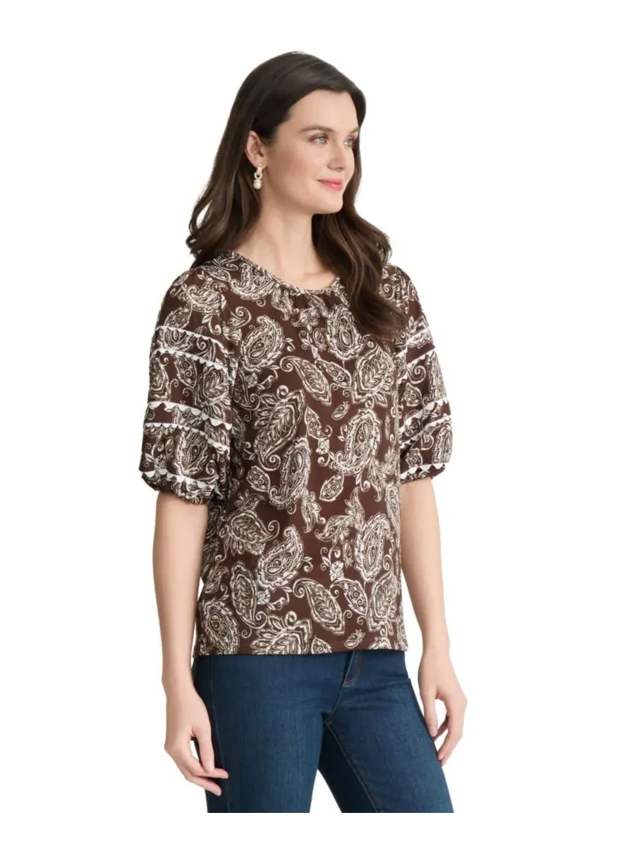 Топ с принтом и отделкой рик-рак, 3/4 рукав, модель Petite Printed Crewneck Top Jones New York — изображение 2 из 4