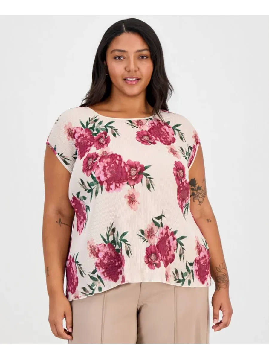 Блуза с плиссе и цветочным принтом, модель Plissé Floral-Print Tahari ASL — бежевый