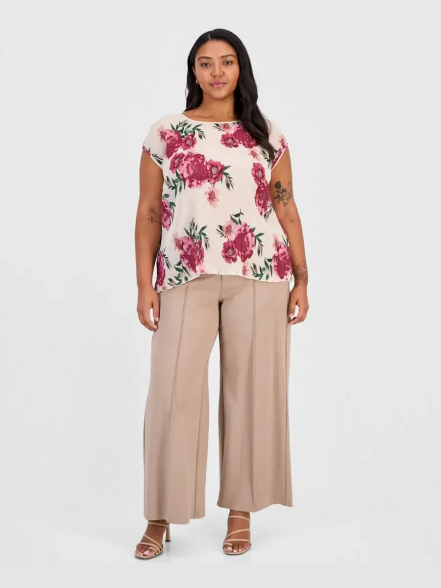 Блуза с плиссе и цветочным принтом, модель Plissé Floral-Print Tahari ASL — изображение 2 из 4, песочный
