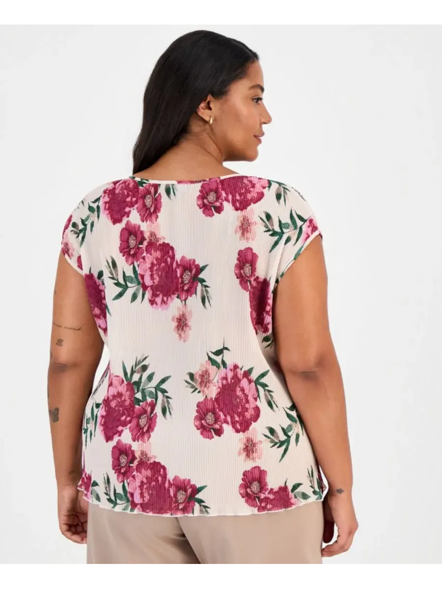 Блуза с плиссе и цветочным принтом, модель Plissé Floral-Print Tahari ASL — изображение 3 из 4, песочный