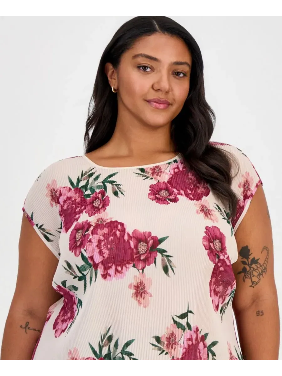 Блуза с плиссе и цветочным принтом, модель Plissé Floral-Print Tahari ASL — изображение 4 из 4, песочный