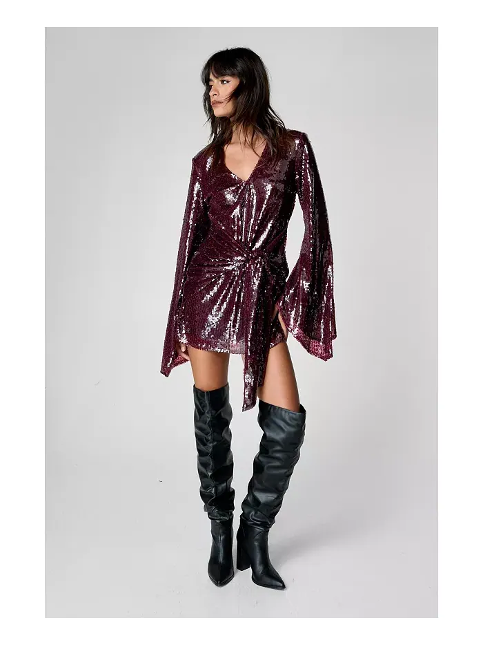 Женское мини-платье с расклешенными рукавами и завязкой спереди Nasty Gal — изображение 3 из 8, бордовый