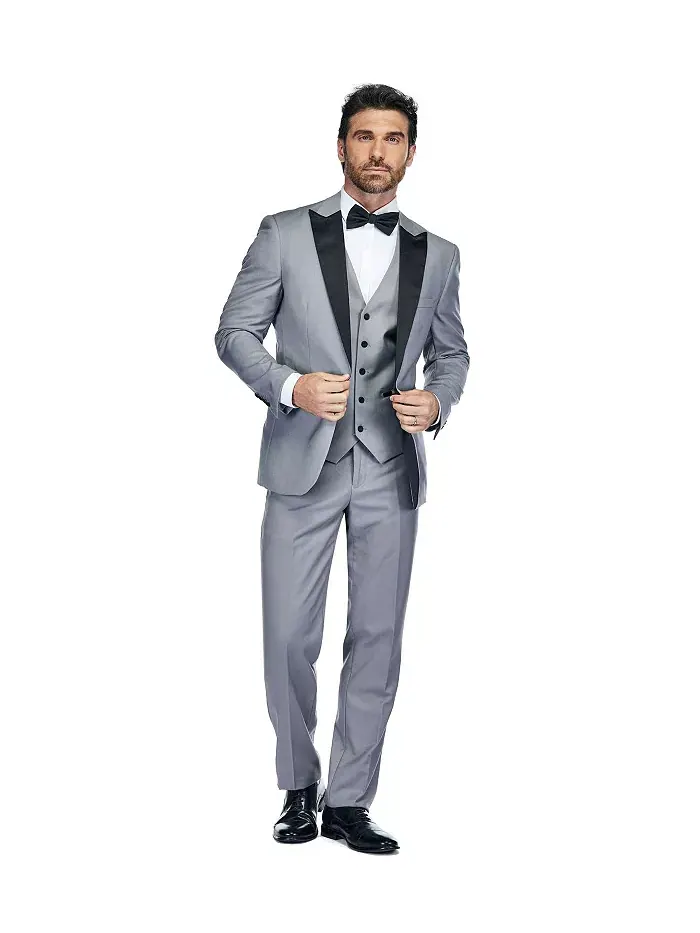 Мужской трехпредметный смокинг Slim Fit с пиковыми лацканами Gino Vitale — серый
