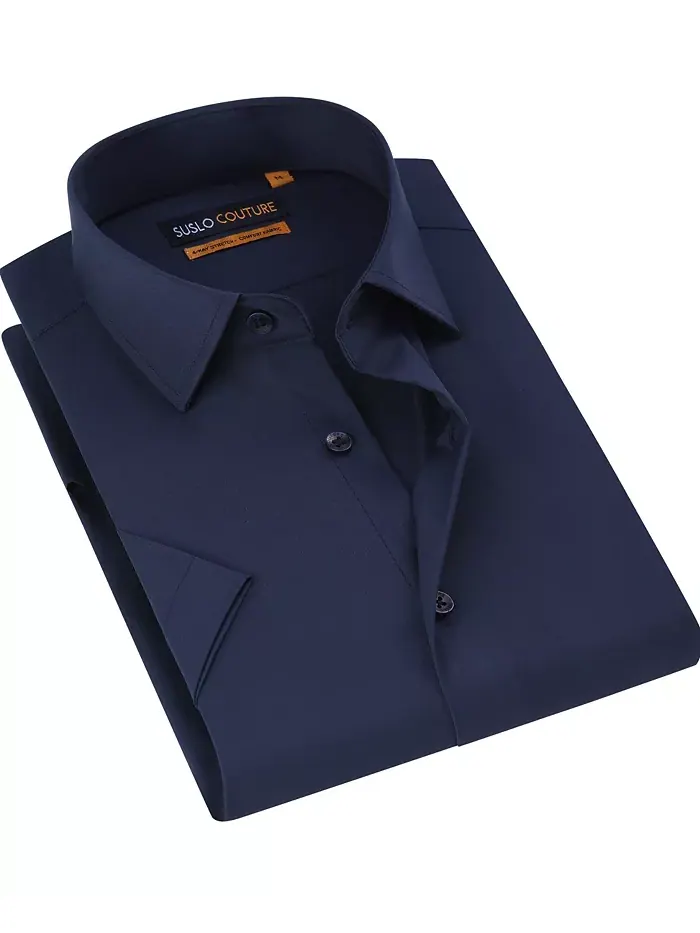Мужская классическая рубашка с коротким рукавом Slim Fit Performance, однотонная Suslo Couture — синий