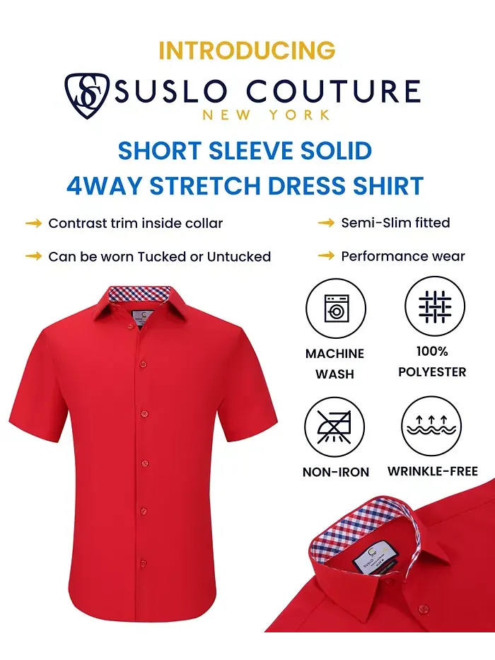 Мужская классическая рубашка с коротким рукавом Slim Fit Performance, однотонная Suslo Couture — изображение 4 из 7