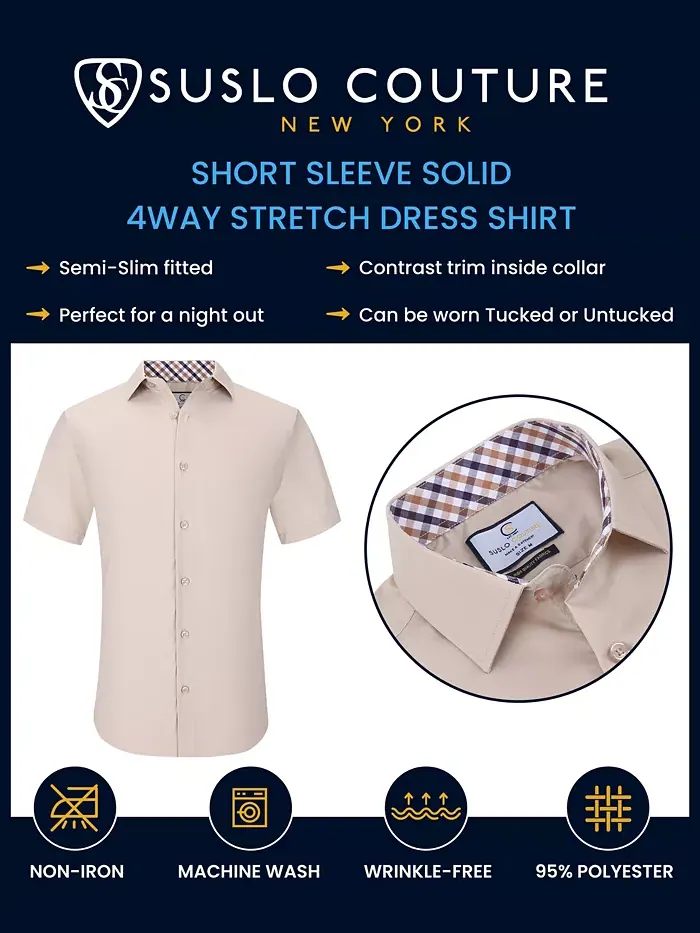 Мужская классическая рубашка с коротким рукавом Slim Fit Performance, однотонная Suslo Couture — изображение 5 из 7