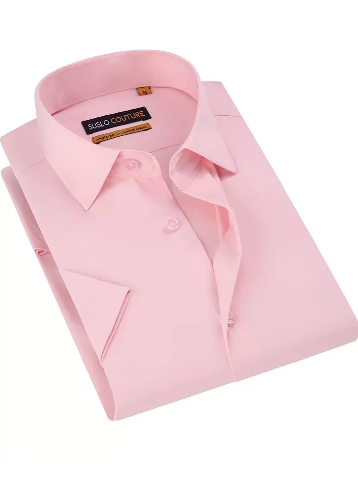 Мужская классическая рубашка с коротким рукавом Slim Fit Performance, однотонная Suslo Couture — изображение 1 из 6, розовый