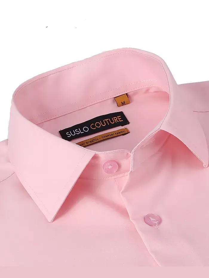 Мужская классическая рубашка с коротким рукавом Slim Fit Performance, однотонная Suslo Couture — изображение 2 из 6, розовый