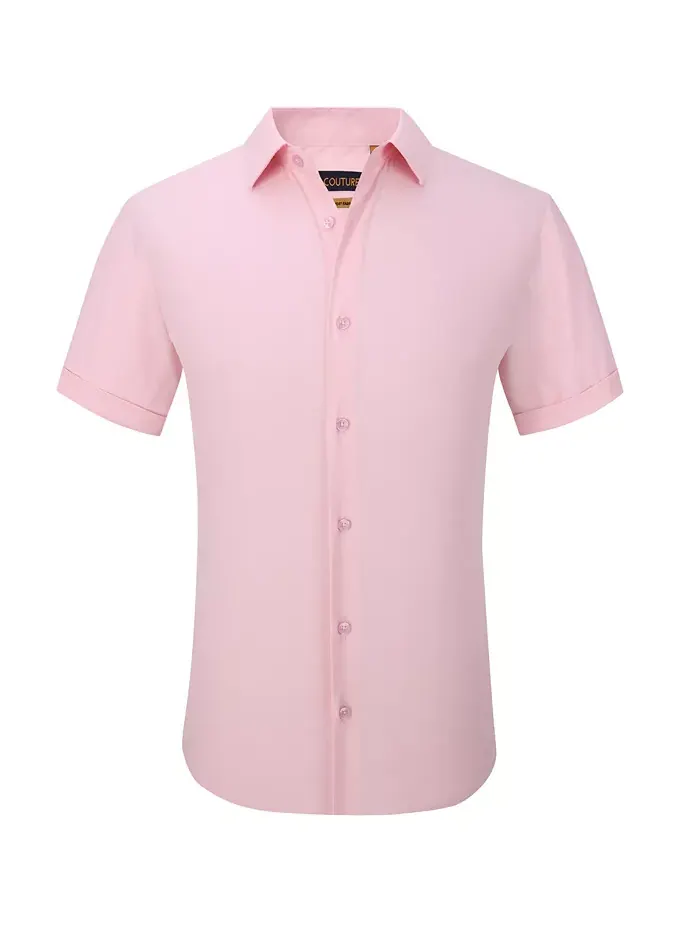 Мужская классическая рубашка с коротким рукавом Slim Fit Performance, однотонная Suslo Couture — изображение 6 из 6, розовый