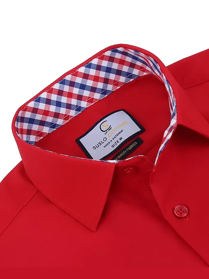 Мужская классическая рубашка с коротким рукавом Slim Fit Performance, однотонная Suslo Couture — изображение 2 из 7, красный