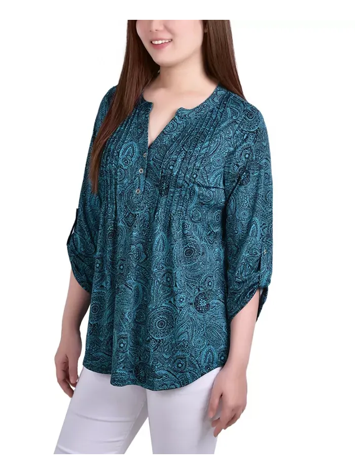 Женский трикотажный жаккардовый топ с рукавом 3/4 и отворотом NY Collection — изображение 5 из 5, серый