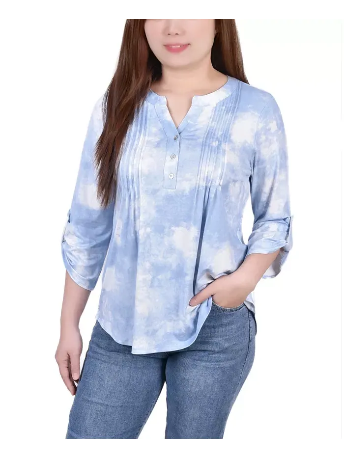 Женский трикотажный жаккардовый топ с рукавом 3/4 и отворотом NY Collection — синий